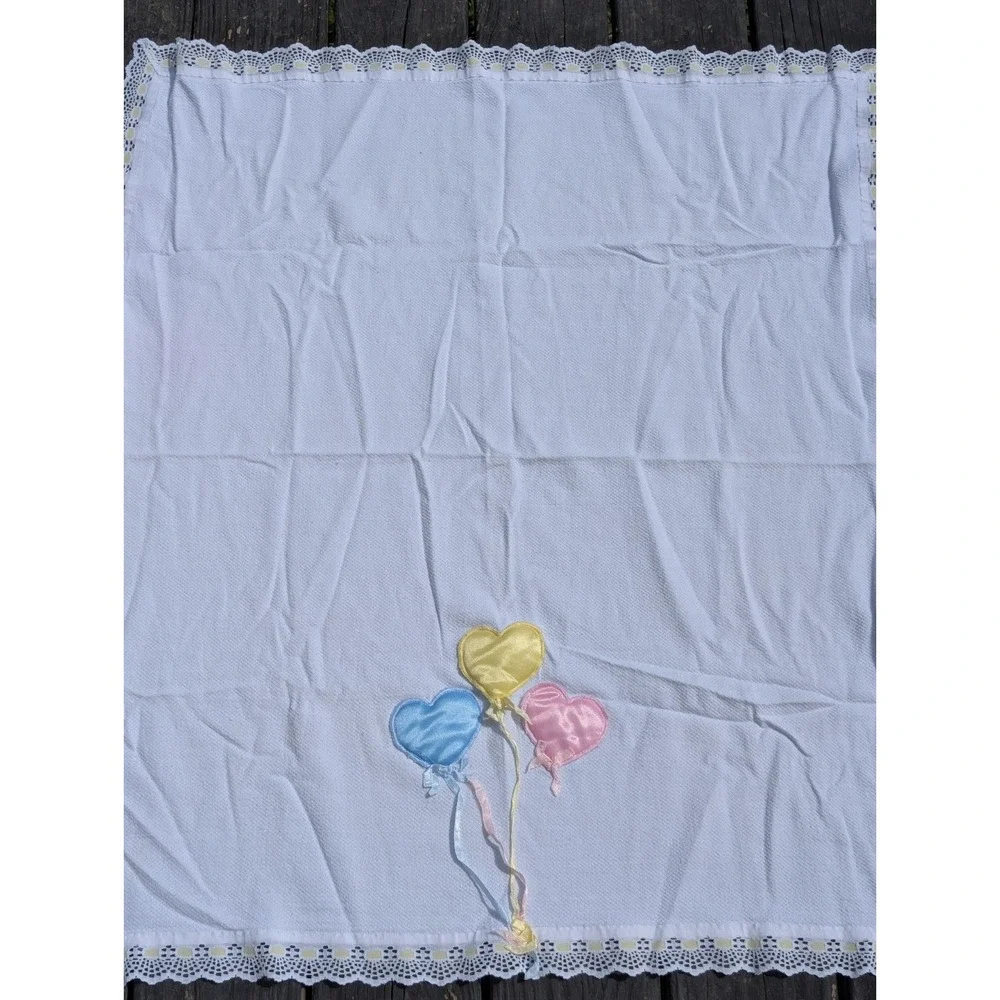 Vintage set Embroidered Baby Blanket with Lamb and Heart Balloons lace edges